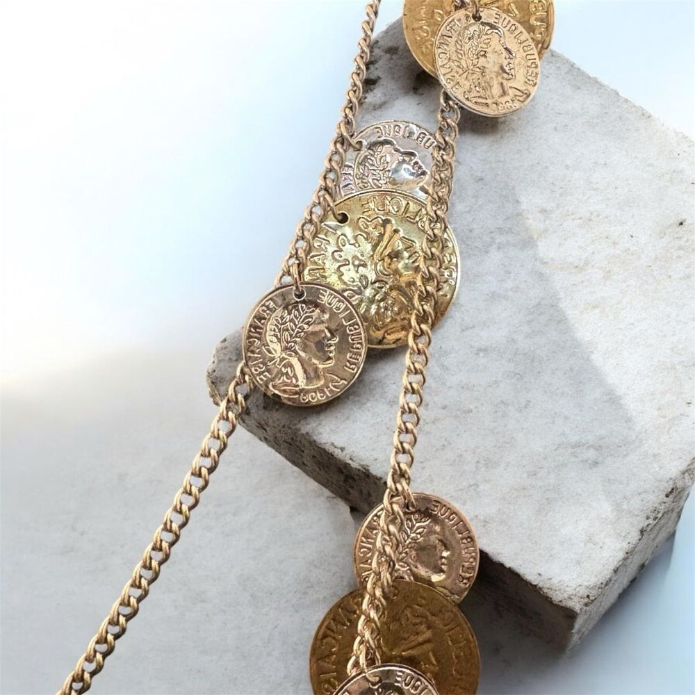 Long Gold and Silver Tone Coin Charm Necklace with Mixed Metal - Boho Statement - Picture 2 of 4